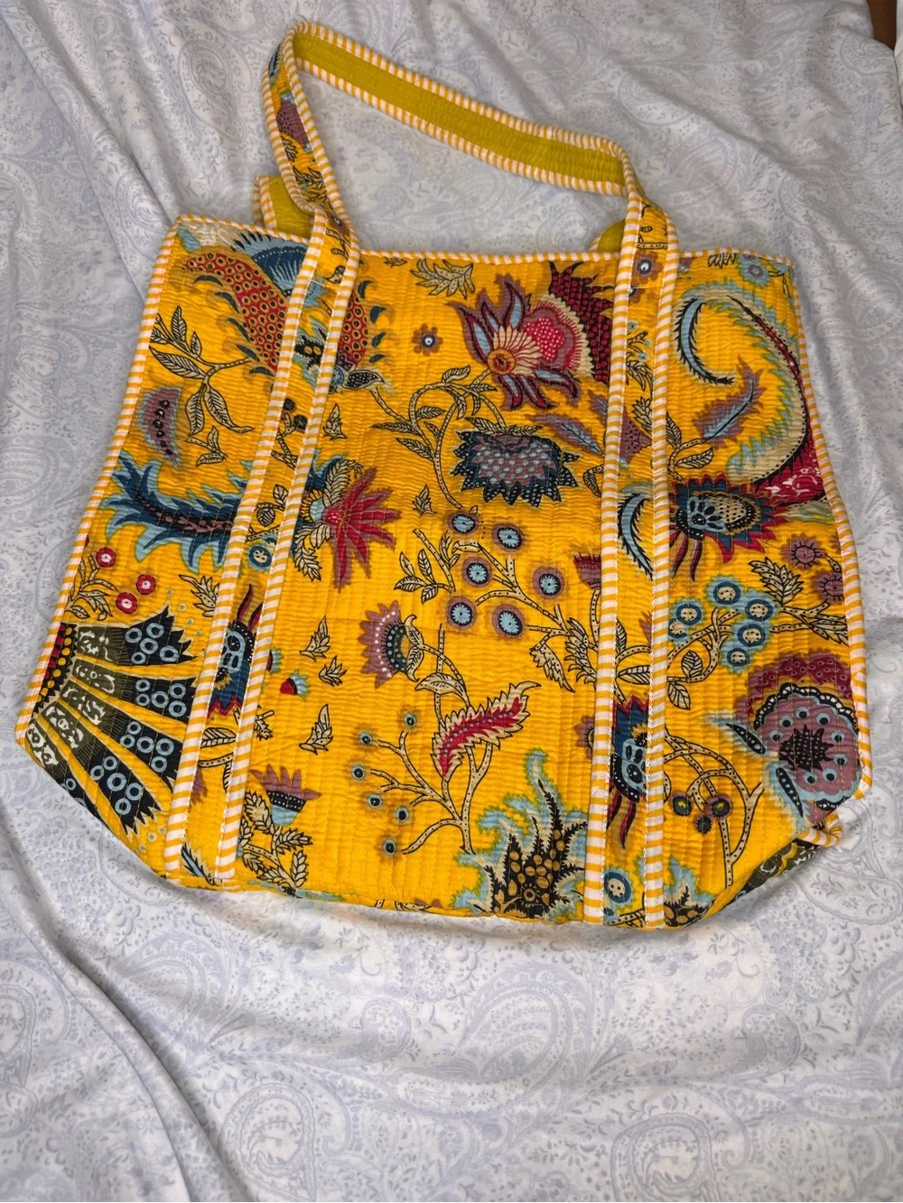 Yellow Floral Quilted Tote- Made in India